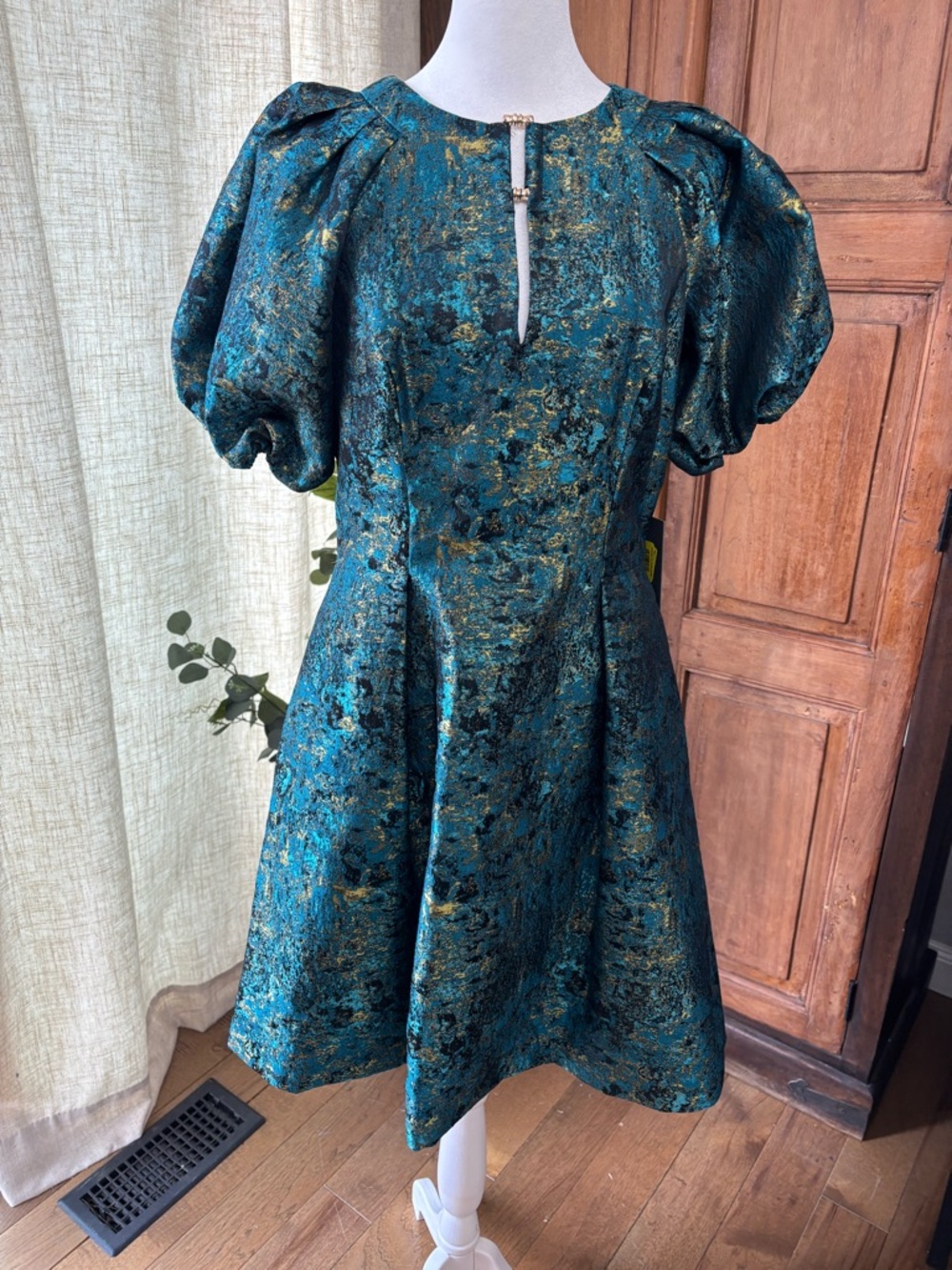 Vince Camuto Teal and Gold Brocade Dress